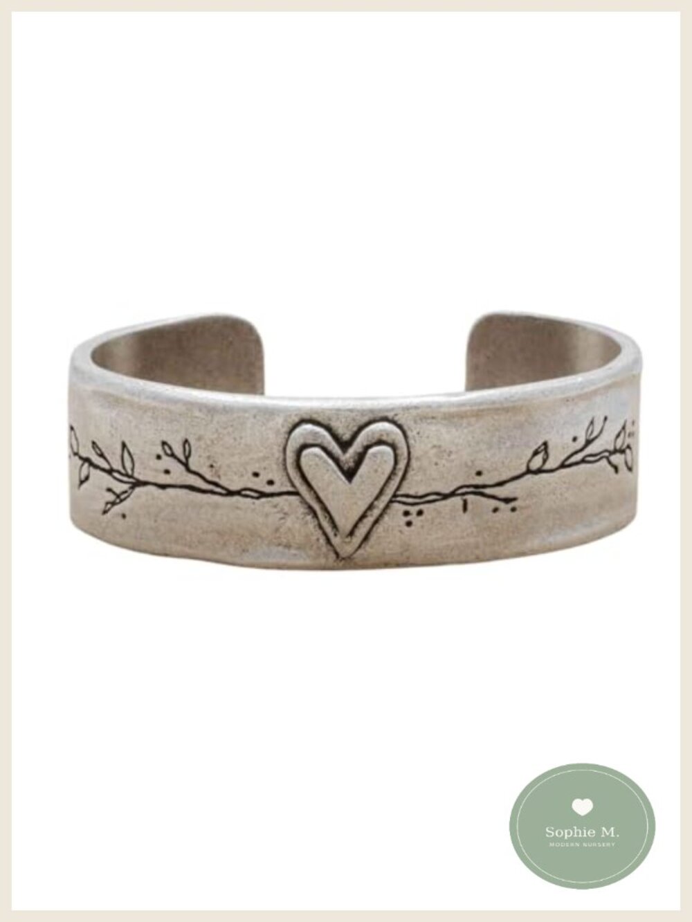 Pewter Cuff Bracelet Engraved Heart Flowers Branches Adjustable Bangle